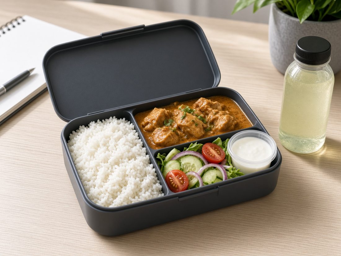 A Buraq Flash desk lunch — rice, curry, salad and yoghurt in a boxed tray with a drink.
