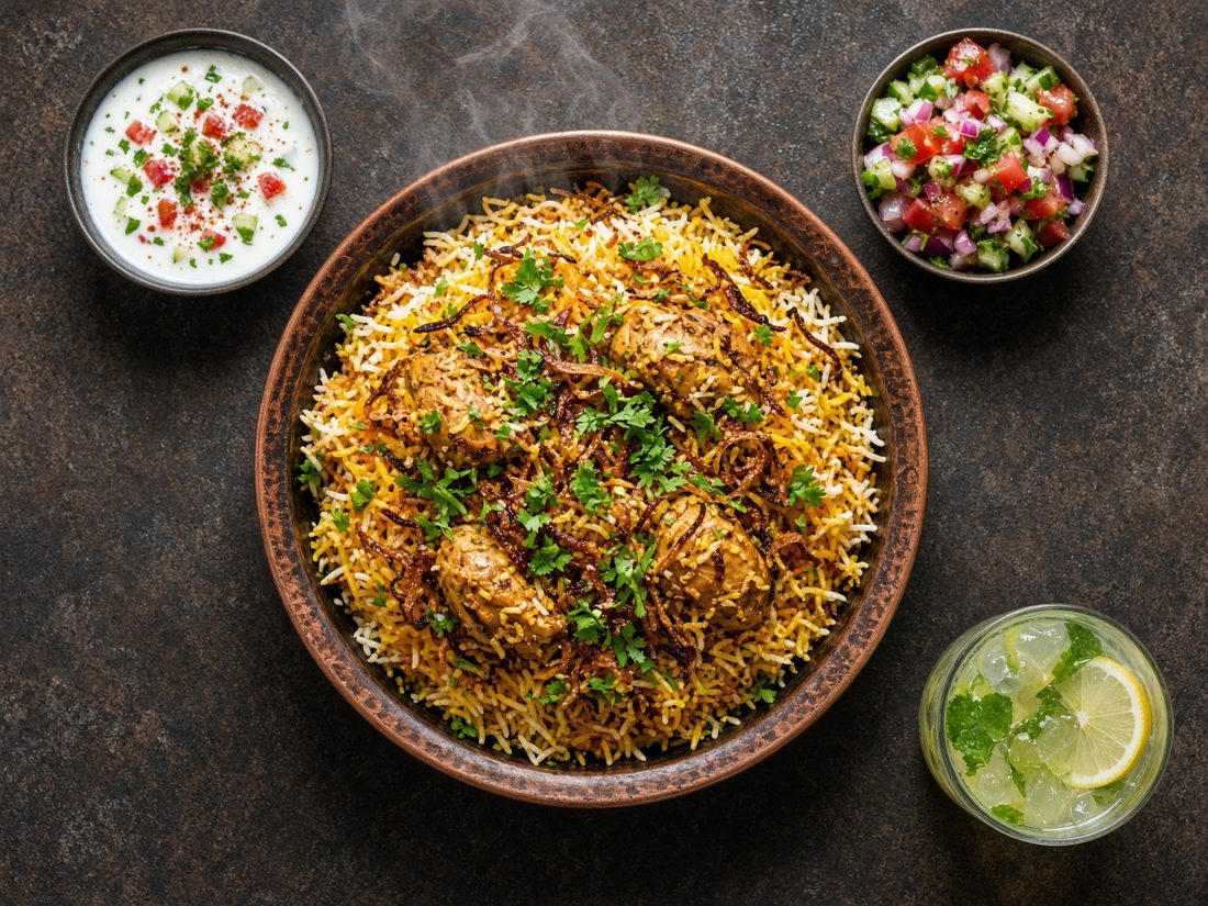 Chicken biryani with yoghurt and salad