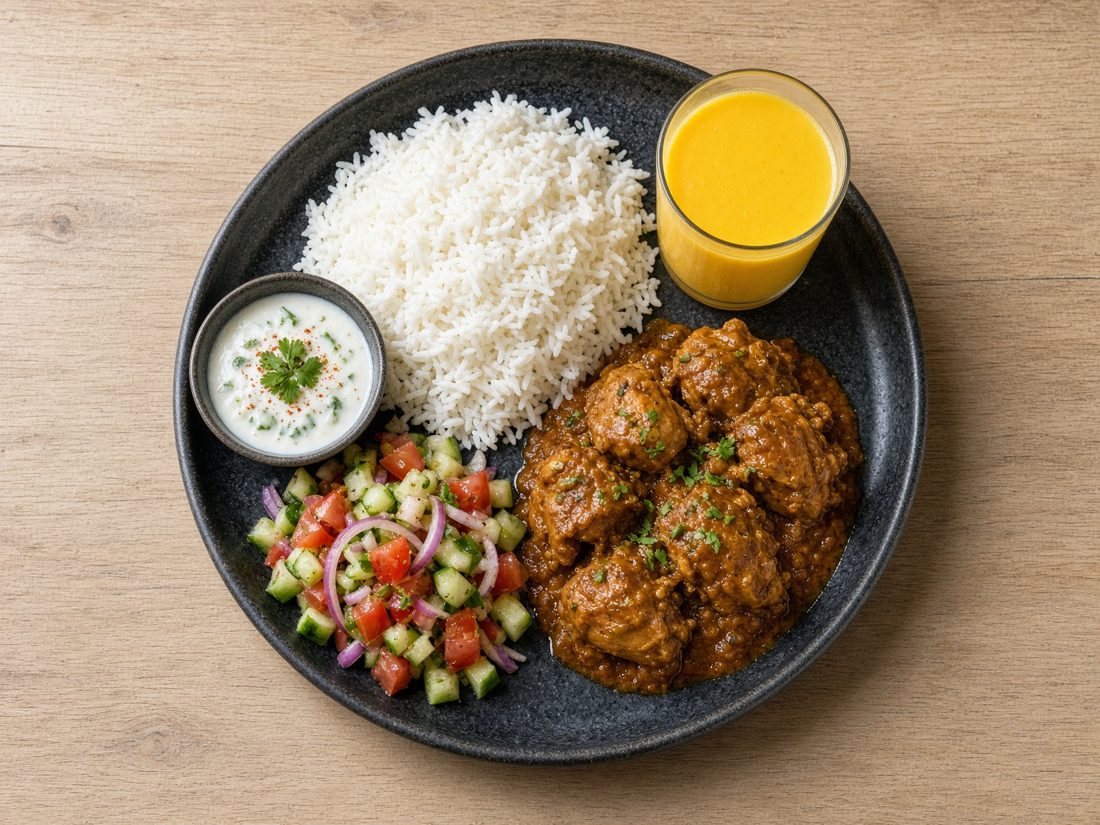 Chicken curry with white rice, salad and yoghurt
