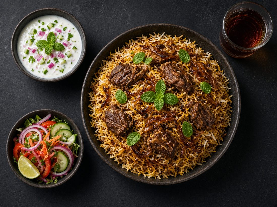Lamb biryani with yoghurt and salad