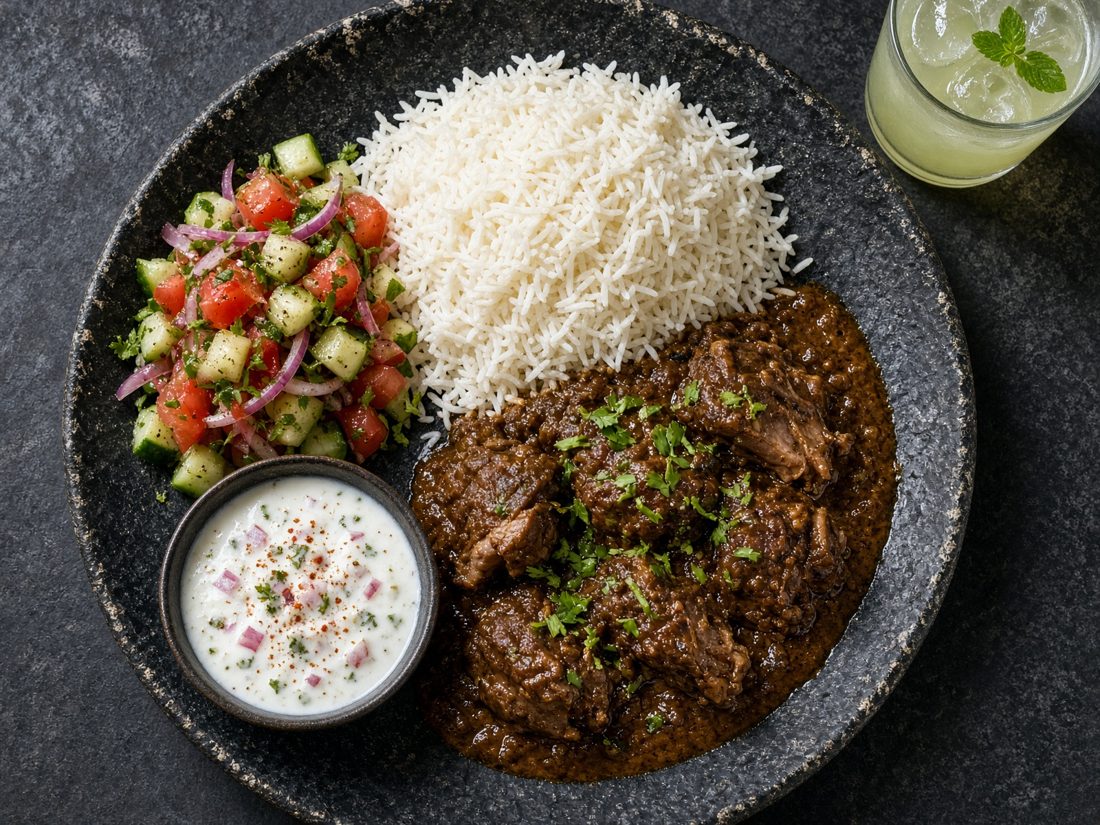 Lamb curry with white rice, salad and yoghurt