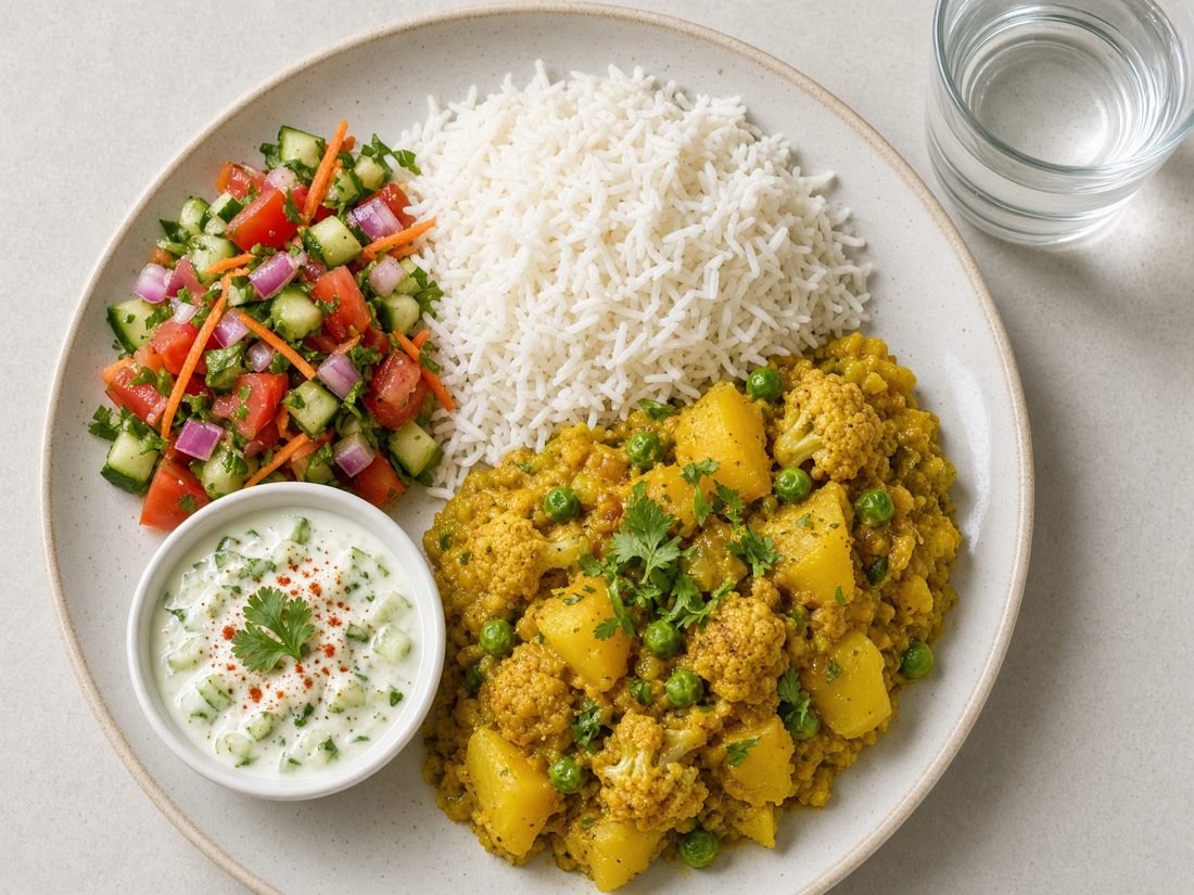 Vegetable curry with white rice, salad and yoghurt